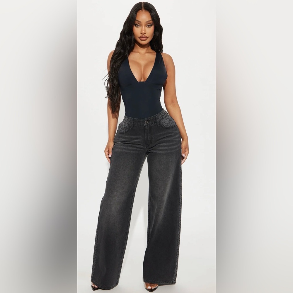 Fashion Nova Leopard Panel Wide Leg Jeans Black Wash Size 11 Y2K Trend